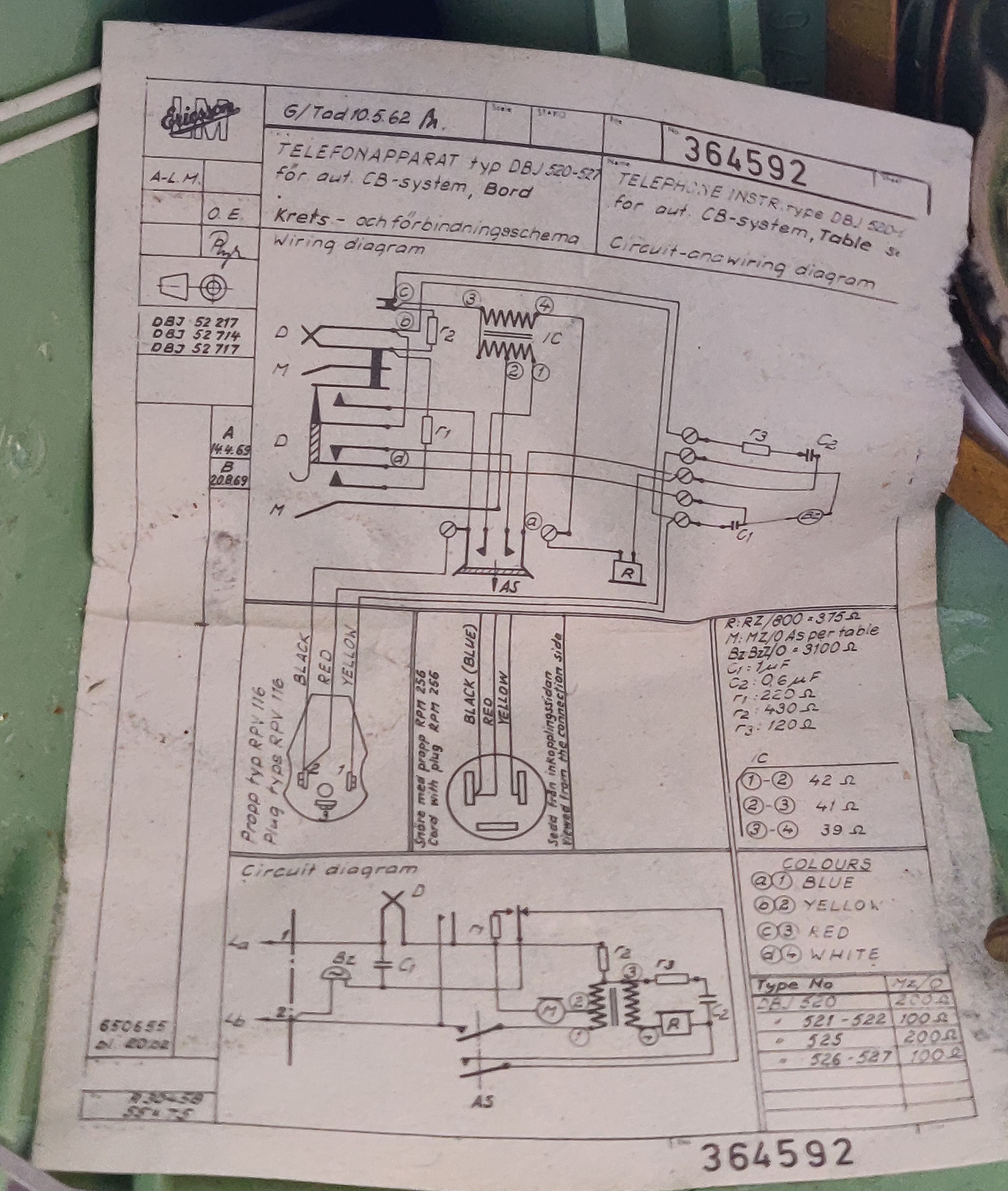 The internal paper schematic of the Ericofon.